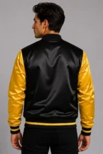 Buy Jet Black Gold Satin Varsity Jacket Mens For Sale