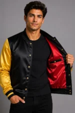 Buy Jet Black Gold Satin Varsity Jacket Mens Red Satin Lining Inside