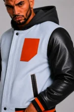 Buy Light Blue Hooded Varsity Jacket Black Leather Orange Chest Patch
