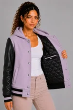 Buy Lilac Black Leather Hooded Womens Varsity Jacket Lilac Black Rib