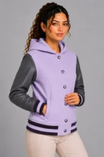 Buy Lilac Charcoal Leather Hooded Womens Varsity Jacket Navy Purple