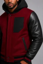 Buy Maroon Hooded Varsity Jacket Black Leather Sleeves Black Patch
