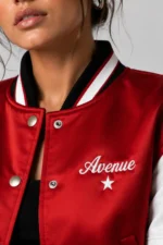 Buy Midnight Avenue Embroidered Cropped Varsity Jacket Women Cherry Red