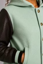 Buy Mint Green Chocolate Leather Hooded Womens Varsity Jacket Rib
