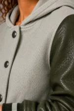 Buy Mist Gray Olive Leather Hooded Womens Varsity Jacket Sage Rib