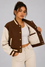 Buy Mocha Maison Embroidered Cropped Varsity Jacket Women Brown Cream