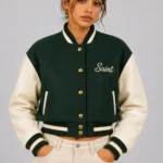 Buy Mocha Maison Embroidered Cropped Varsity Jacket Women Brown Cream Leather