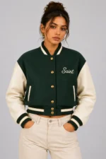 Buy Mocha Maison Embroidered Cropped Varsity Jacket Women Brown Cream Leather