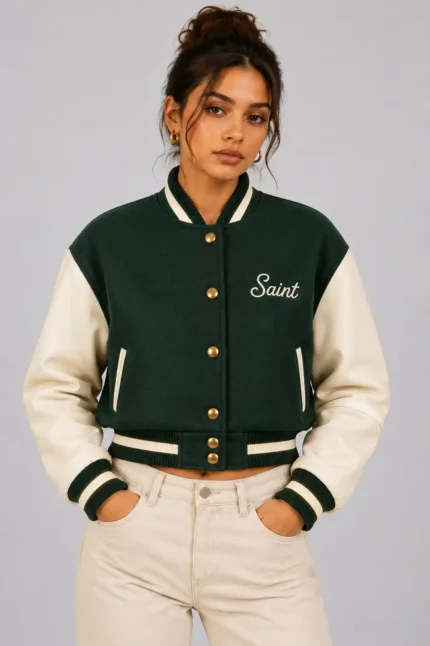 Buy Mocha Maison Embroidered Cropped Varsity Jacket Women Brown Cream Leather