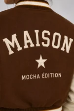 Buy Mocha Maison Embroidered Cropped Varsity Jacket Women Brown Cream Leather