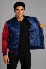 Buy Navy Blue Burgundy Satin Varsity Jacket Mens