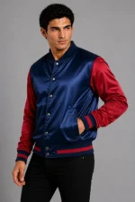 Buy Navy Blue Burgundy Satin Varsity Jacket Mens Coral Satin Lining