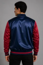 Buy Navy Blue Burgundy Satin Varsity Jacket Mens For Sale