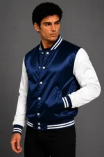 Buy Navy Blue White Satin Varsity Jacket Mens For Sale