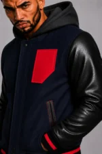 Buy Navy Hooded Varsity Jacket Black Leather Sleeves Red Chest Patch