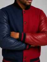 Buy Navy Red Split Varsity Jacket Leather Sleeves Black Ribbing