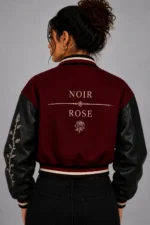Buy Noir Rose Embroidered Cropped Varsity Jacket Women Scarlet Burgundy