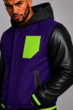 Buy Purple Hooded Varsity Jacket Black Leather Neon Green Chest Patch