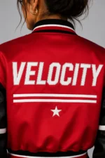 Buy Red Velocity Embroidered Cropped Varsity Jacket Women Red Satin