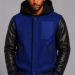 Buy Royal Blue Hooded Varsity Jacket Black Leather Sleeves Blue Patch
