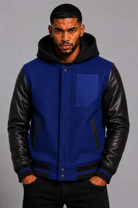 Buy Royal Blue Hooded Varsity Jacket Black Leather Sleeves Blue Patch