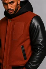 Buy Rust Wool Hooded Varsity Jacket Black Leather Sleeves Brown Ribbing