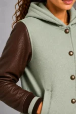Buy Sage Green Chocolate Leather Hooded Womens Varsity Jacket Bronze