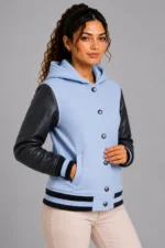 Buy Sky Blue Charcoal Leather Hooded Womens Varsity Jacket Navy Rib