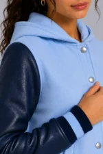 Buy Sky Blue Navy Leather Hooded Womens Varsity Jacket Blue Rib