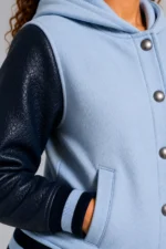 Buy Sky Blue Navy Leather Hooded Womens Varsity Jacket White Rib