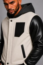 Buy White Hooded Varsity Jacket Black Leather Sleeves Black Patch