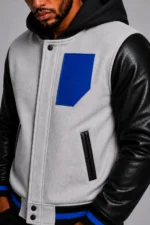 Buy White Hooded Varsity Jacket Black Leather Sleeves Blue Patch Hood