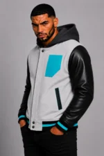 Buy White Hooded Varsity Jacket Black Leather Sleeves Teal Chest Patch