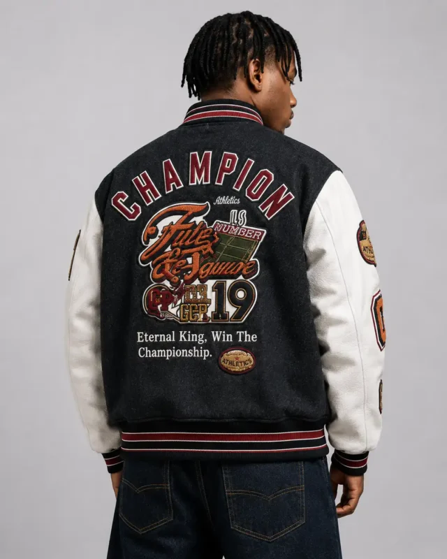 CP Champion No Pain No Gain Exclusive Black Wool Varsity Jacket For Sale