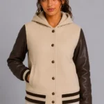 Camel Chocolate Leather Hooded Womens Varsity Jacket Camel Rib