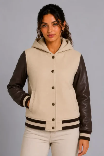 Camel Chocolate Leather Hooded Womens Varsity Jacket Camel Rib