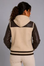 Camel Chocolate Leather Hooded Womens Varsity Jacket Camel Rib For Sale