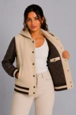 Camel Chocolate Leather Hooded Womens Varsity Jacket Camel Rib On Sale