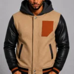 Camel Hooded Varsity Jacket Black Leather Sleeves Brown Chest