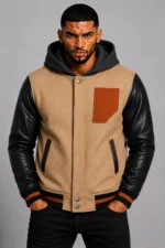 Camel Hooded Varsity Jacket Black Leather Sleeves Brown Chest