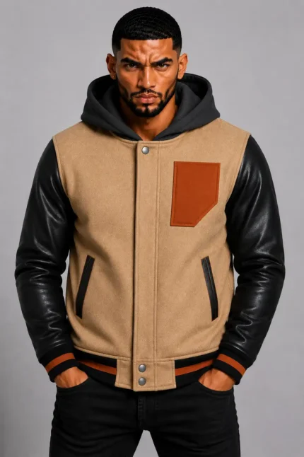 Camel Hooded Varsity Jacket Black Leather Sleeves Brown Chest