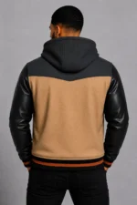 Camel Hooded Varsity Jacket Black Leather Sleeves Brown Chest For Sale