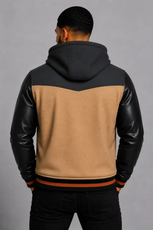 Camel Hooded Varsity Jacket Black Leather Sleeves Brown Chest For Sale