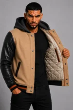 Camel Hooded Varsity Jacket Black Leather Sleeves Brown Chest On Sale