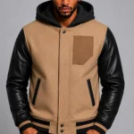 Camel Hooded Varsity Jacket Black Leather Sleeves Camel Patch