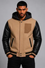 Camel Hooded Varsity Jacket Black Leather Sleeves Camel Patch