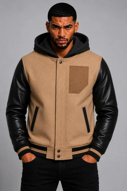Camel Hooded Varsity Jacket Black Leather Sleeves Camel Patch