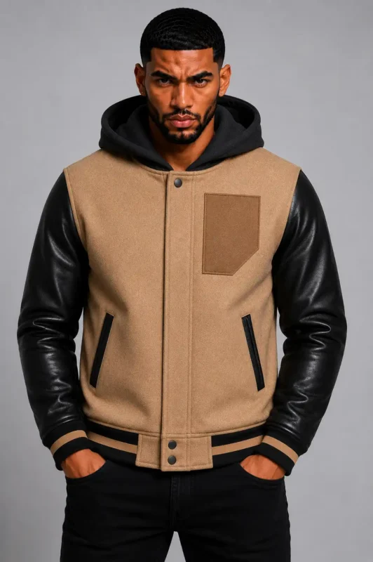 Camel Hooded Varsity Jacket Black Leather Sleeves Camel Patch