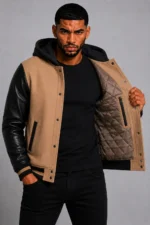 Camel Hooded Varsity Jacket Black Leather Sleeves Camel Patch For Sale
