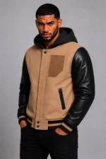 Camel Hooded Varsity Jacket Black Leather Sleeves Camel Patch On Sale